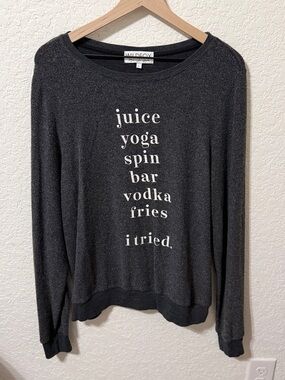 Wildfox Charcoal Gray Crewneck Sweater with White Text